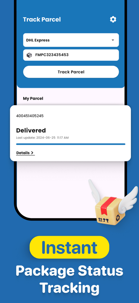Package Tracker・Track Delivery - Mobile app interface for instant package status tracking showing a delivered parcel