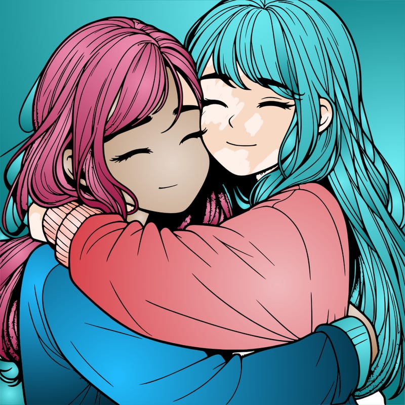 realistic two girls hugging