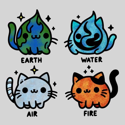 4 cats that represent the different elements, earth, water, air, and fire