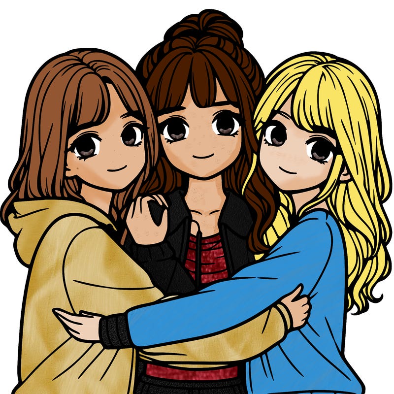 three girls hugging realistic