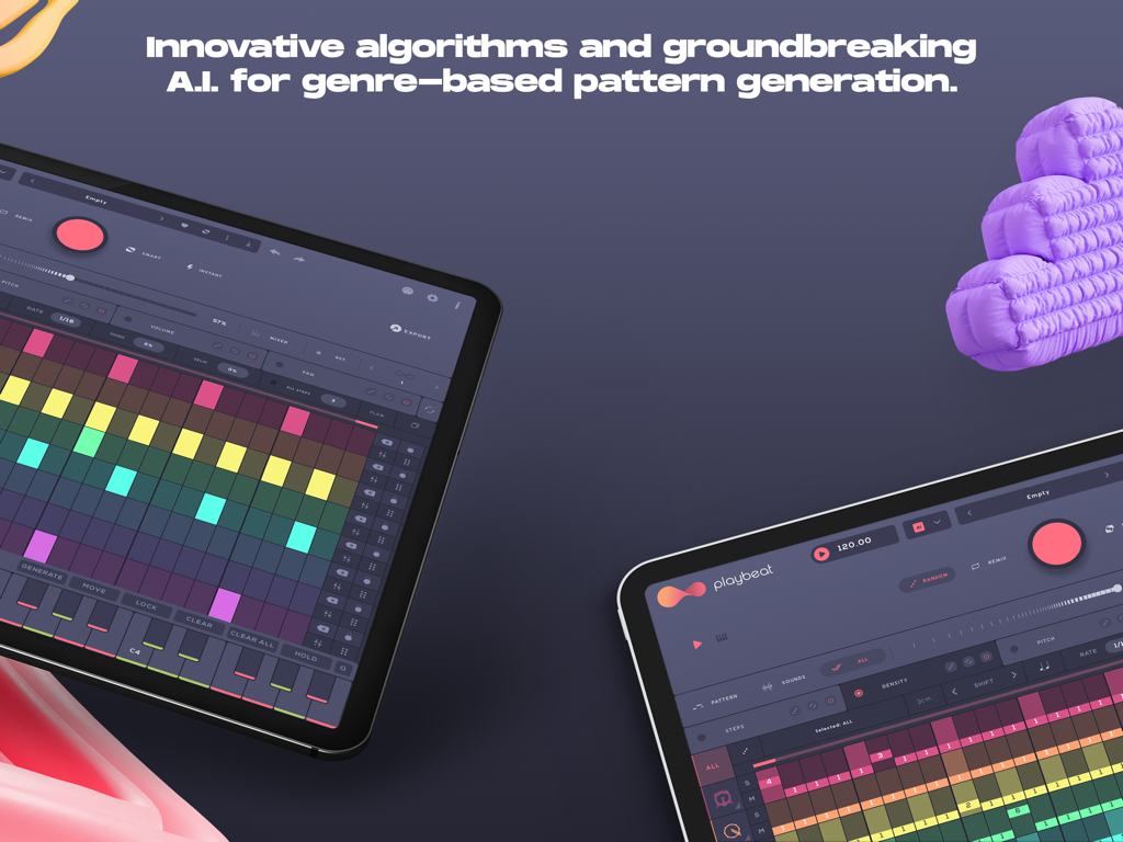 App di produzione musicale Playbeat 4 su iPad che evidenzia la generazione di pattern basata sull'IA.