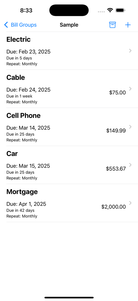 Interface of Simple Bill Manager app showing a list of recurring monthly bills with due dates and amounts