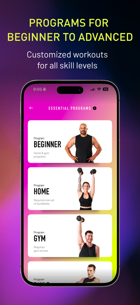 Captura de pantalla de la aplicación Pridefit que muestra programas de fitness esenciales para principiantes en casa y en el gimnasio.