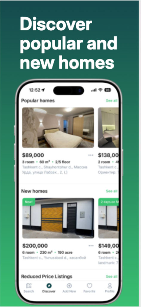 Makon - Makon mobile app screen displaying popular and new real estate listings in Uzbekistan with prices in dollars.