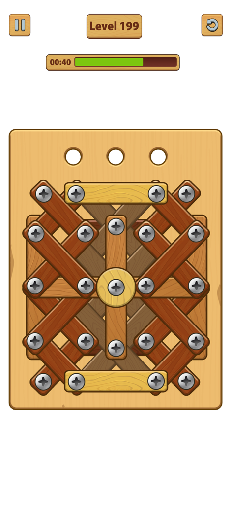 Captura de pantalla de jugabilidad del juego de puzzle Wood Nuts and Bolts ASMR que muestra una compleja disposición de barras de madera y tornillos de metal en el nivel 199