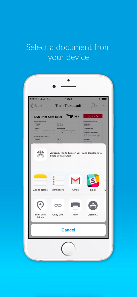 Interface de l'application Princh permettant de sélectionner un document à imprimer depuis un appareil mobile.