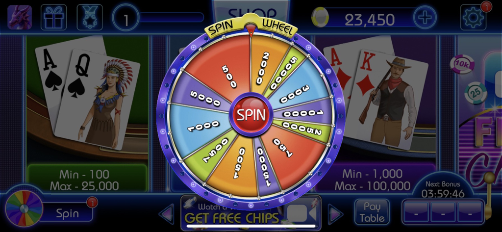 Daily spin wheel bonus for free chips in Blackjack 21 casino game