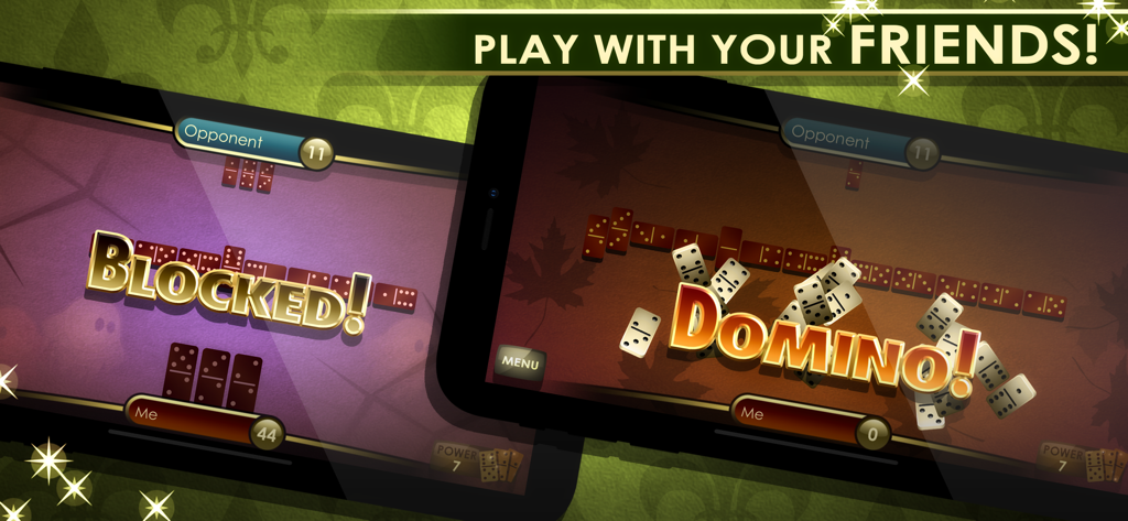 Two smartphones displaying Domino Royale gameplay with a play with friends heading
