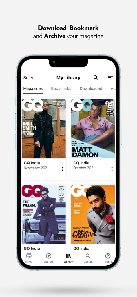 Interfaz de la biblioteca de la aplicación GQ India Digital que muestra portadas de revistas de celebridades famosas