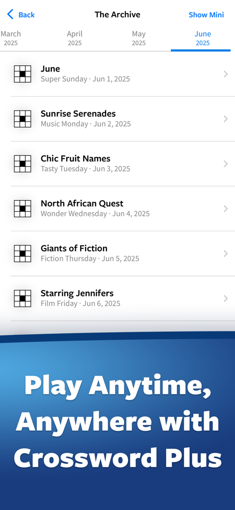 Crossword Plus archive screen showing various themed daily puzzles