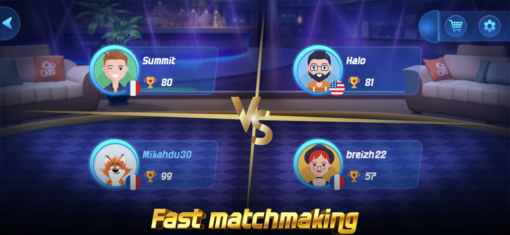 Matchmaking-Bildschirm im Tarot Online Kartenspiel, der vier internationale Spieler zeigt, die bereit zum Spielen sind.