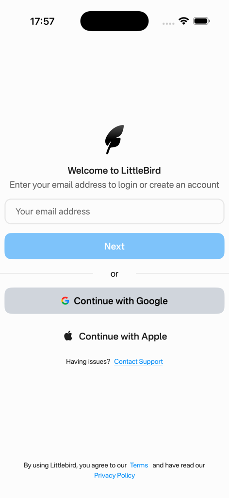 Login screen for the Littlebird AI app featuring email input and options to continue with Google or Apple