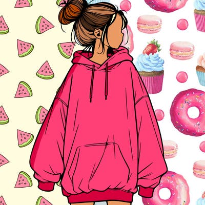 realistic girl with a oversized sweatshirt on and a bun