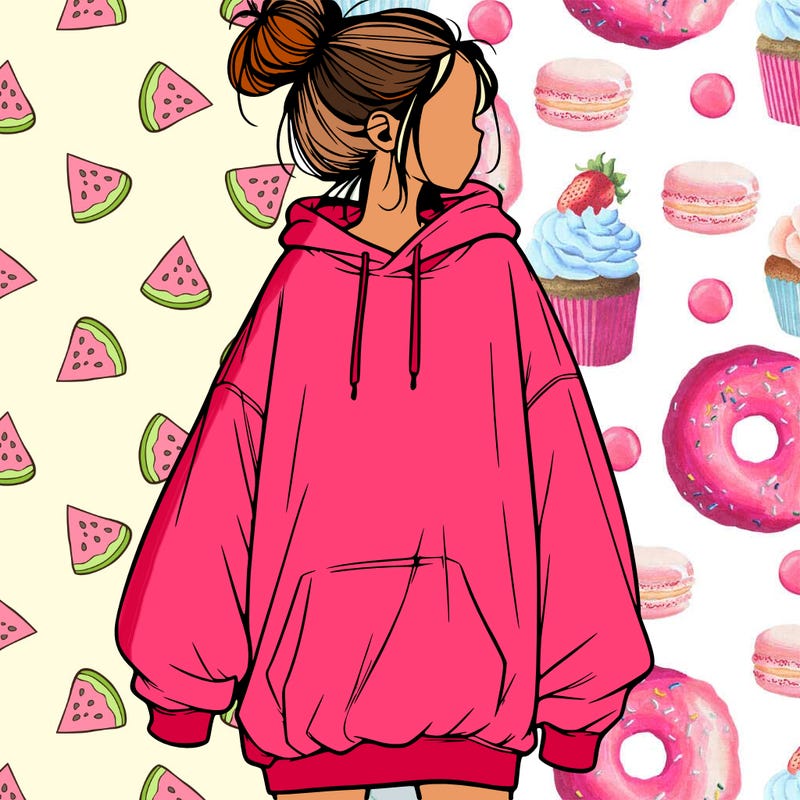realistic girl with a oversized sweatshirt on and a bun