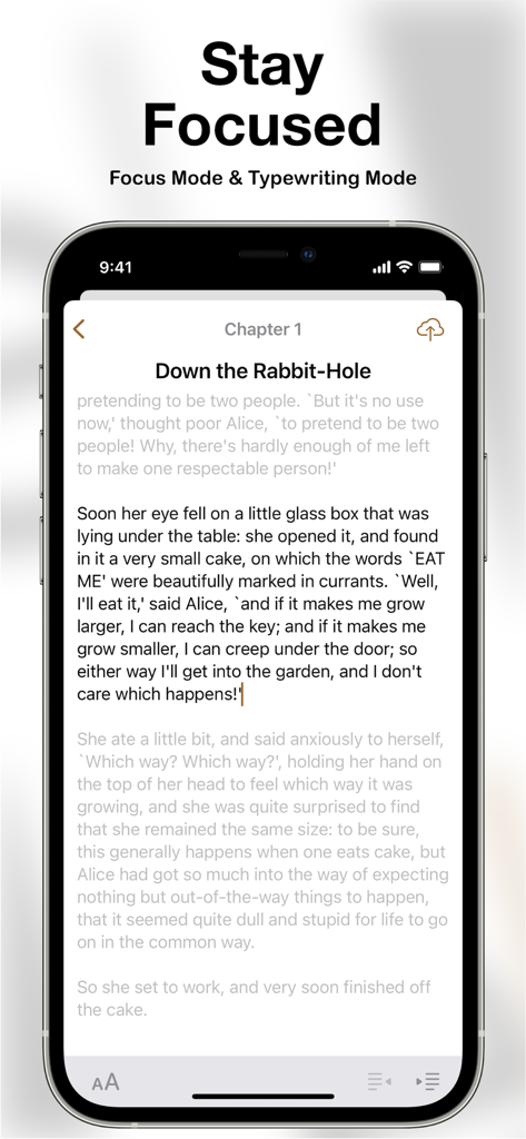 eScribo - eScribo app interface on iPhone showcasing distraction-free writing with focus and typewriting modes