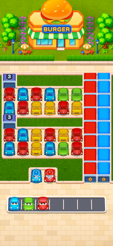 Car Sort · - Una pantalla de puzzle de clasificación de coches colorida del juego Car Sort que muestra un atasco de tráfico cerca de una tienda de hamburguesas.