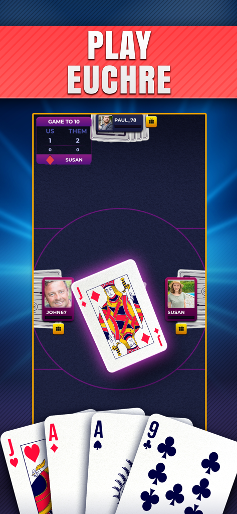 A digital card table interface for playing Euchre online with multiple players and card hands