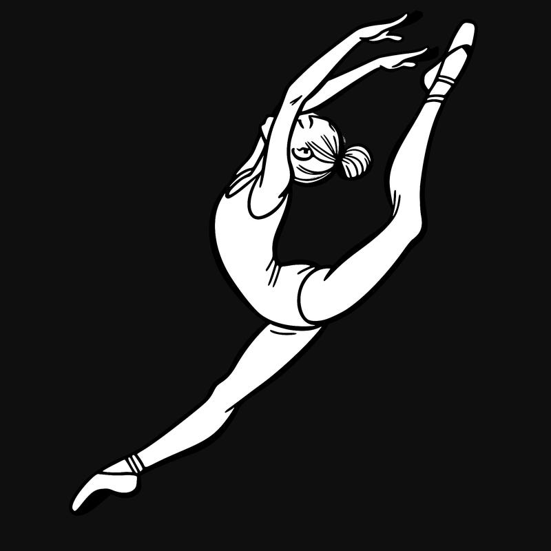 gymnast doing a leap in a leotard with a bent back leg