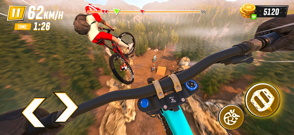 First person view of a BMX bike race on a mountain trail with a stunt jump