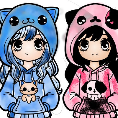 girl wearing cat hoodie and sister wearing dog hoodie