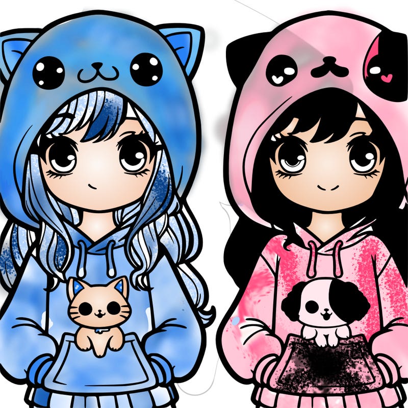 girl wearing cat hoodie and sister wearing dog hoodie