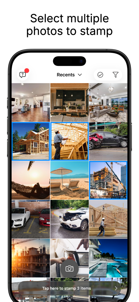 Timestamp It - Photo Stamper - Interface of the Timestamp It app showing the selection of multiple photos for batch date and time stamping