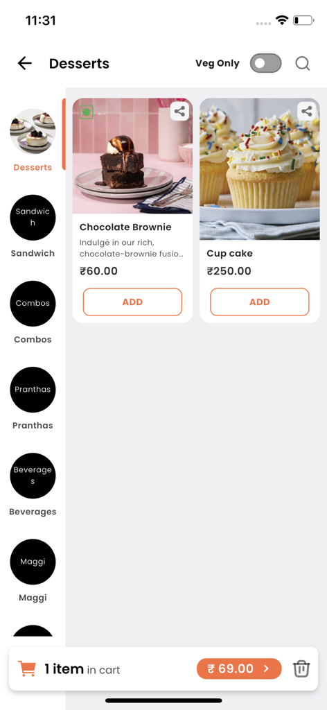 Fatafat - Local Delivery - Fatafat app dessert menu showing brownies and cupcakes for order