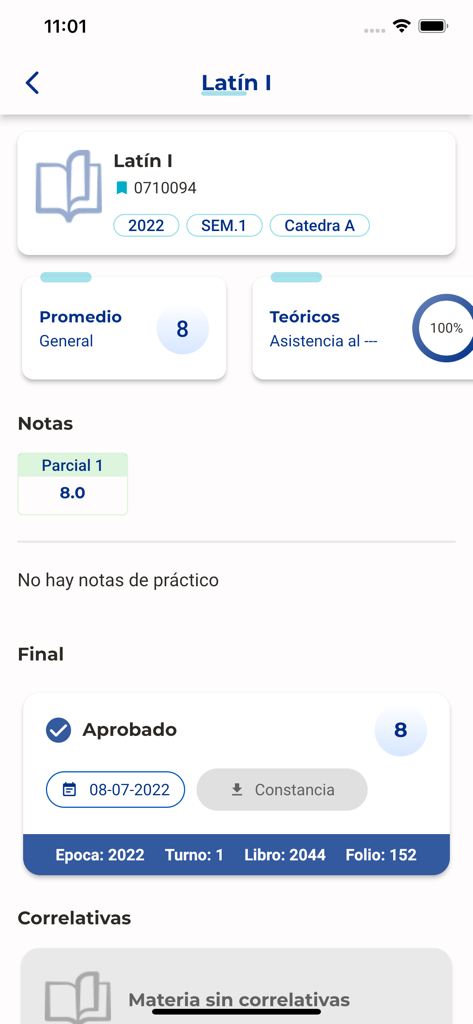 App UCC - Mobile screen showing student grades attendance and academic status for a university course