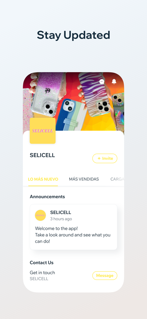 SELICELL - SELICELL app interface showing wholesale announcements and mobile accessory categories