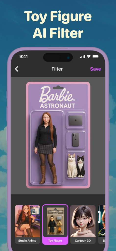 Mobile app screen showing a photo transformed into a collectible toy figure inside a custom box using an AI filter