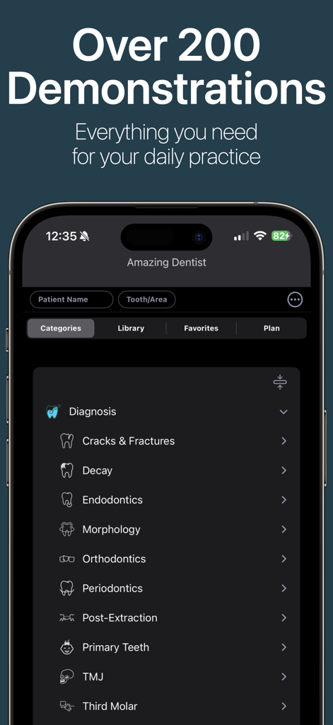 DDS GP - DDS GP app screen showing a menu of over 200 dental clinical categories for patient demonstrations.