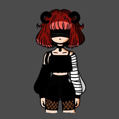 girl whith hair over there eyes small horns crop top one bandaged sleeve one long and striped sleeve shorts fish nets and short hair