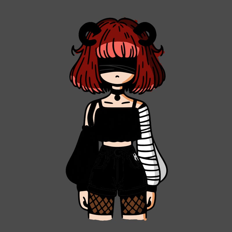 girl whith hair over there eyes small horns crop top one bandaged sleeve one long and striped sleeve shorts fish nets and short hair