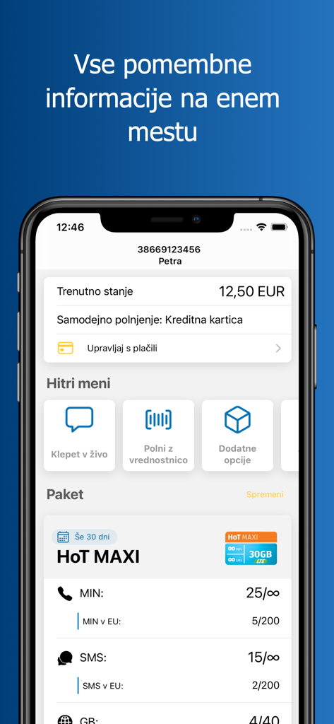Moj HoT - Moj HoT app dashboard displaying account balance, quick menu options, and mobile plan usage details