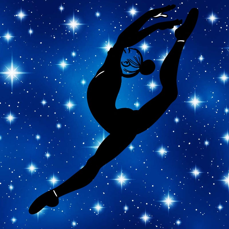 gymnast doing a leap in a leotard with a bent back leg