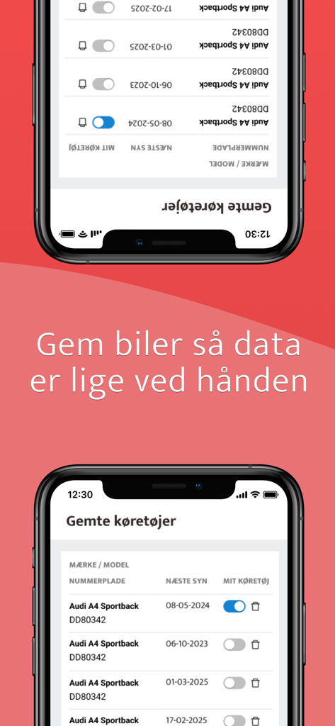 TjekBil - tjek nummerplade - TjekBil mobile app interface displaying a list of saved vehicles with upcoming inspection dates