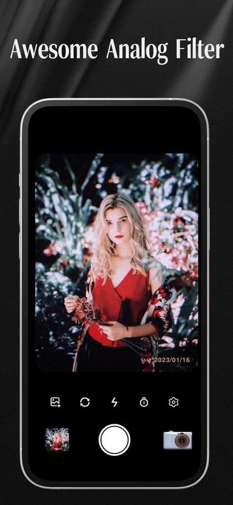 Dazz Camera - Interfaccia dell'app Dazz Camera con un filtro analogico su un ritratto in stile vintage