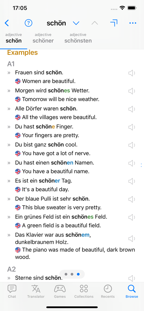 Nouns German Dictionary - German dictionary app showing example sentences for the adjective schon with English translations