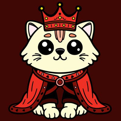 cat wearing a crown and a robe sitting on a throne