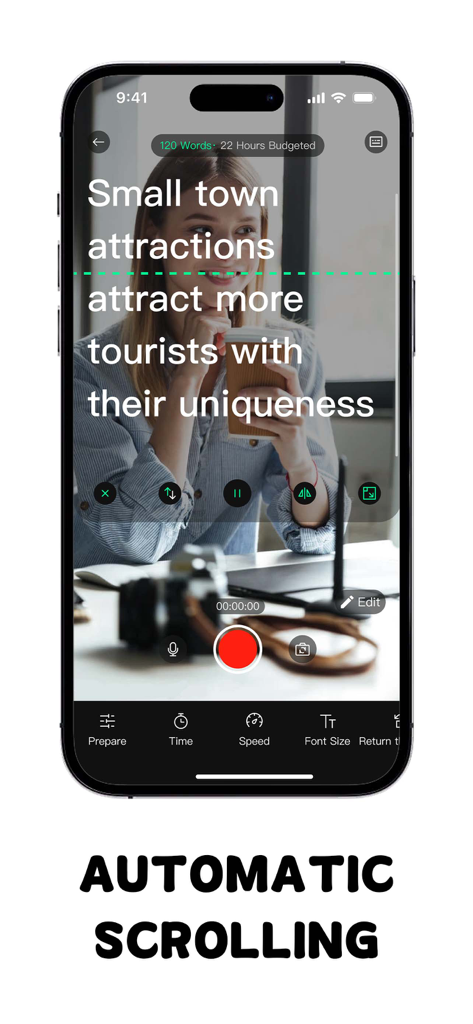 Teleprompter & Captions-TeCap - TeCap app interface showing automatic scrolling script over a video recording preview