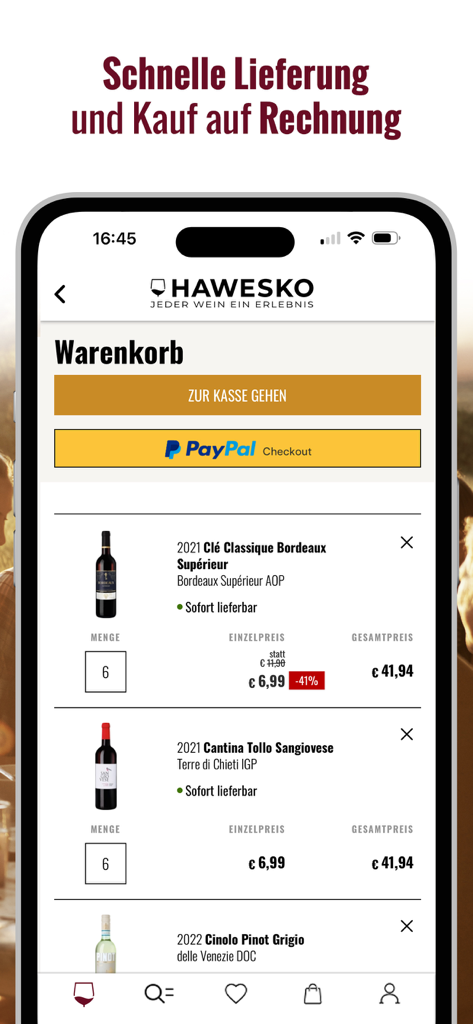 Carrito de compras de la aplicación Hawesko que muestra productos de vino y botones de pago