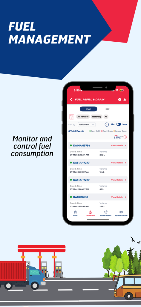 My Eicher App-Oberfläche, die Kraftstoffmanagementprotokolle für Flottenfahrzeuge mit Nachfüll- und Entleerungsereignissen anzeigt.