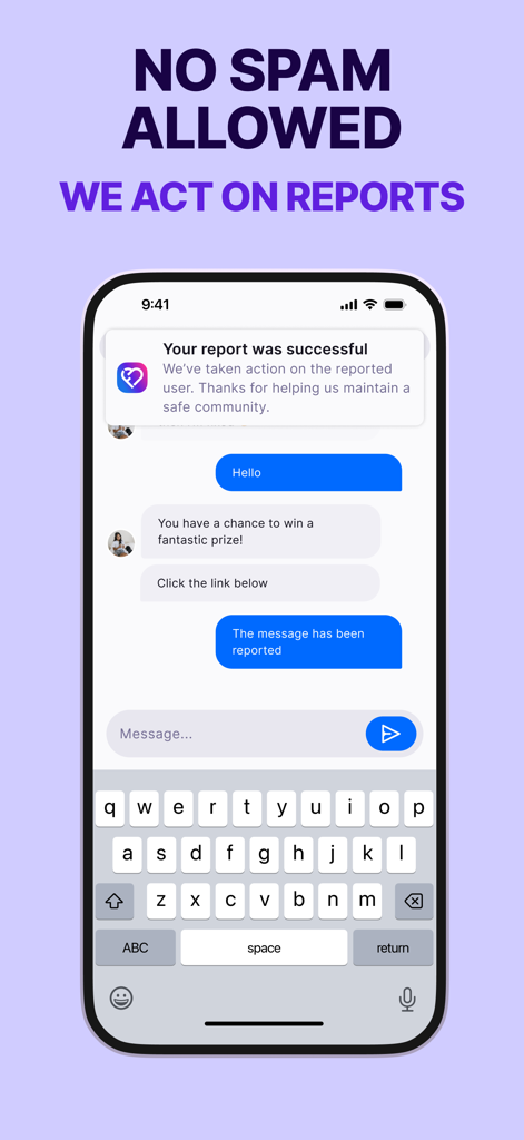 FilipinoBlush dating app screen showing a spam report confirmation for a safer user experience.