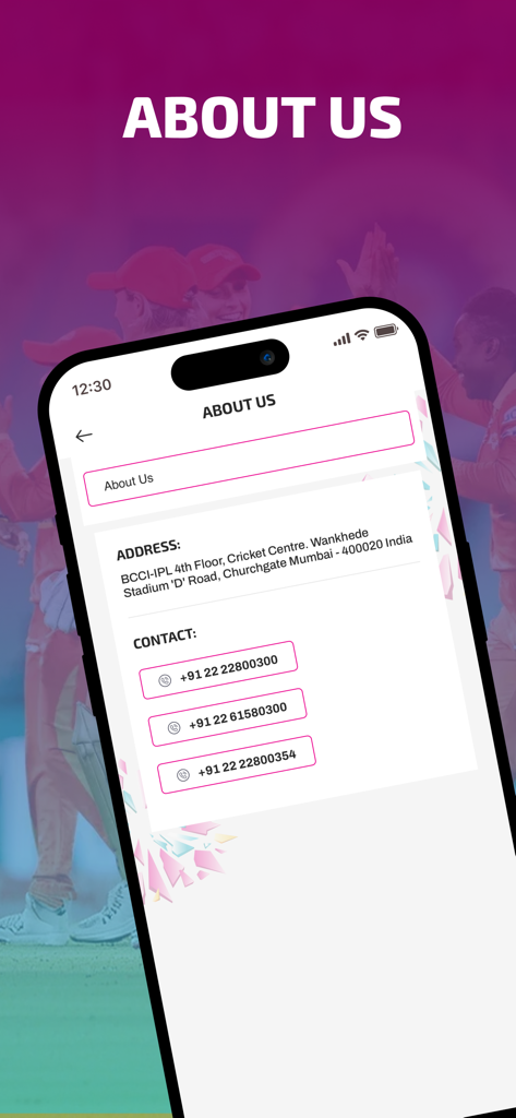 Women's Premier League (WPL) - Pantalla Acerca de nosotros de la aplicación Women's Premier League que muestra la dirección oficial y los números de teléfono de contacto