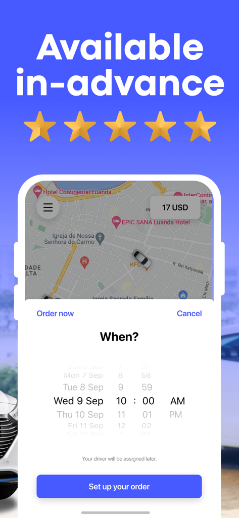 Interfaz de la aplicación ESPAES que muestra la opción de programar un viaje en taxi en Luanda Angola con un precio mostrado de 17 USD y una calificación de cinco estrellas.