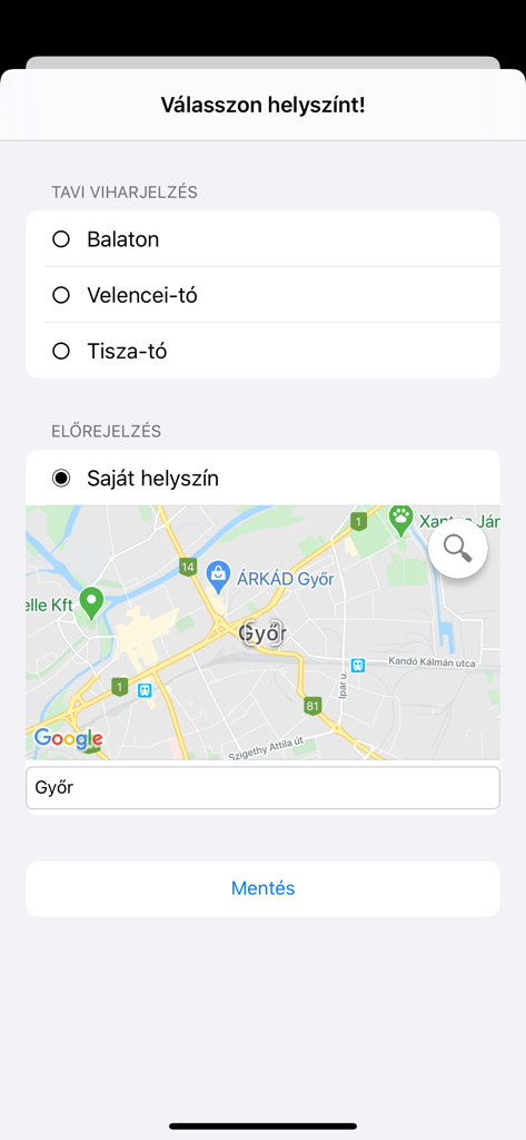 Location selection screen in the OMSZ Meteora app for Hungarian lake storm alerts and weather forecasts