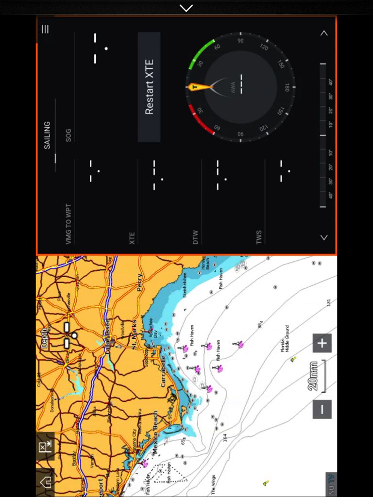 RayControl - RayControlアプリの分割画面ビュー、iPadに沿岸ナビゲーションマップとセーリング計器ダッシュボードを表示。