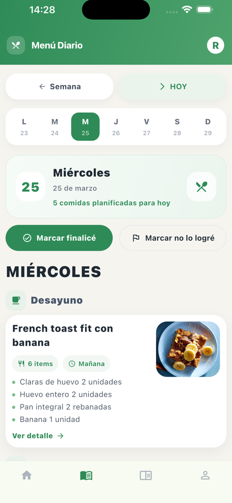 Alimente - Interface de l'application mobile d'Alimente montrant un plan de nutrition quotidien avec une recette saine de pain perdu pour le petit-déjeuner et des options de suivi.