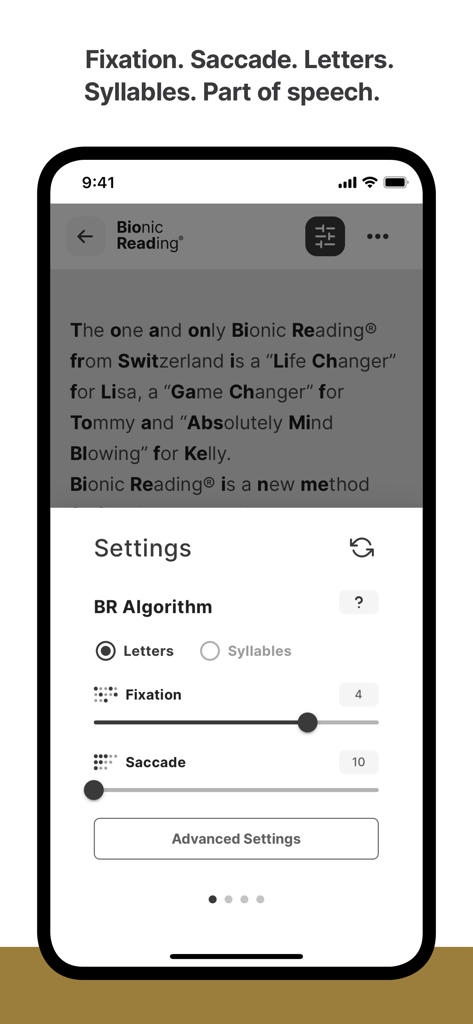 Interfaz de la aplicación Bionic Reading que muestra la configuración de personalización para fijación y movimiento sacádico.