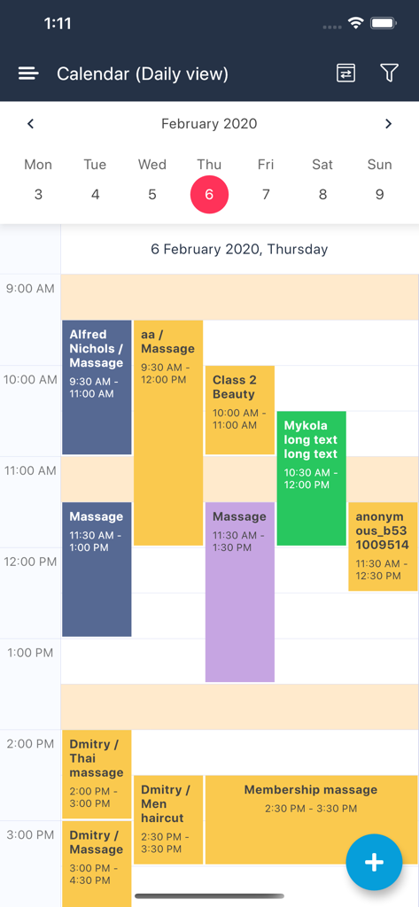 SimplyBook.me admin - Vista del calendario giornaliero degli appuntamenti di servizio nell'app SimplyBook.me admin.